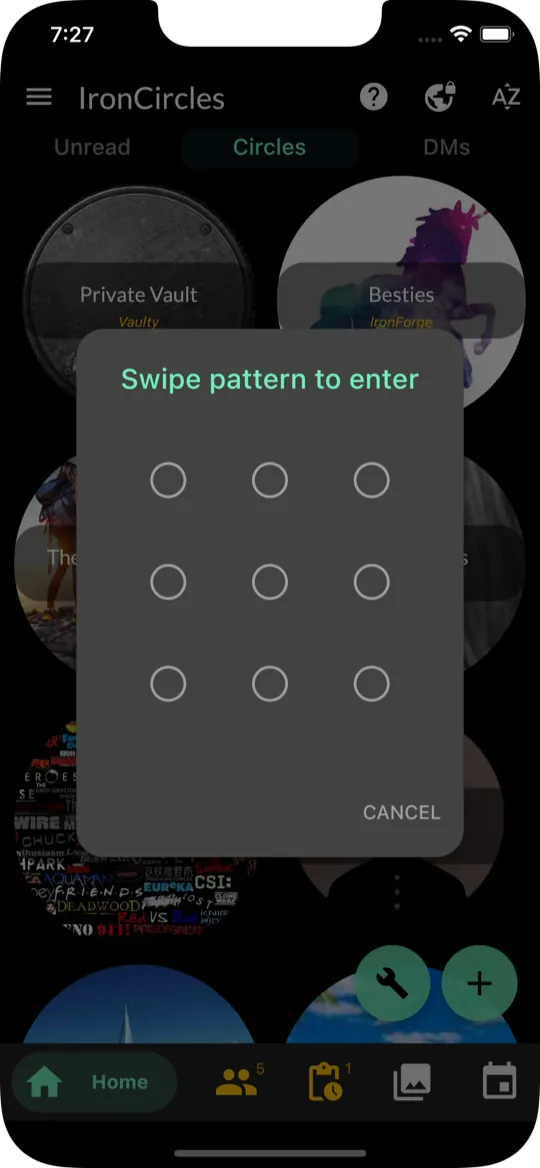 IronCircles asking for a swipe pattern before opening a hidden Private Vault