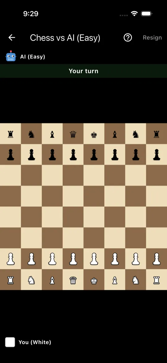 Chess vs AI on Easy in the IronCircles app, at the opening position